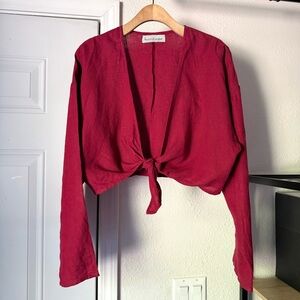 LOVE AND CONFUSE red linen long sleeve tie front cropped blouse shirt top